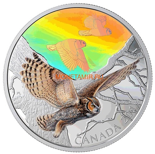 Канада 30 долларов 2019 Большая Рогатая Сова Величественные Птицы в Движении Голограмма (Canada 30$ 2019 Majestic Birds in Motion Great Horned Owls 2 oz Silver Hologram Coin).Арт.65 (фото, вид 1)
