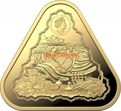 Австралия 100 долларов 2020 Корабль Вергюлде Драк Австралийские Кораблекрушения (Australia 100$ 2020 Vergulde Draeck Australian Shipwrecks 1 oz Gold Triangular Investment Coin).Арт.65 (фото, вид 1)