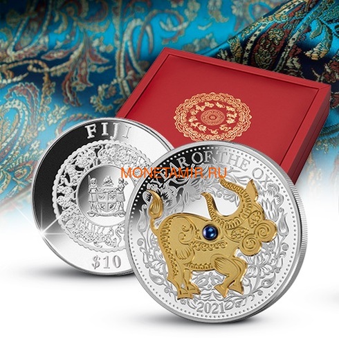 Фиджи 10 долларов 2021 Год Быка Лунный Календарь Жемчужина (Fiji 10$ 2021 Lunar Ox Pearl 1 Oz Silver Coin).Арт.65 (фото, вид 5)