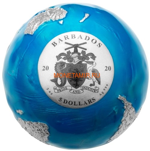 Барбадос 5 долларов 2020 Голубой Мрамор Планета Земля Космос Шар (Barbados 5$ 2020 Blue Marble Planet Earth 3oz Silver Coin Spherical).Арт.94 (фото, вид 1)