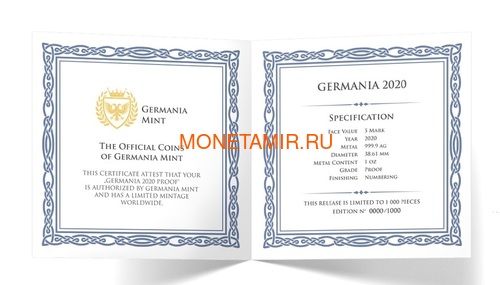 Германия 5 марок 2020 Германия Орел (Germania 5 Mark 2020 Gemania 1oz Silver Coin).Арт.75 (фото, вид 3)