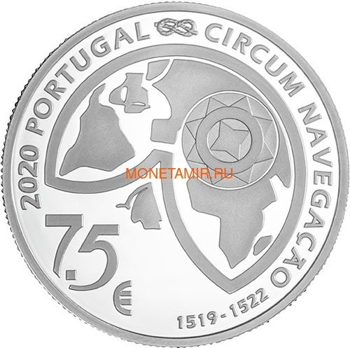 Португалия 7,5 евро 2020 Магелланов Пролив Пингвины Корабль ( Portugal 7,5 Euro 2020 The Passage of the Strait 1520 Silver Coin ).Арт.92 (фото, вид 1)
