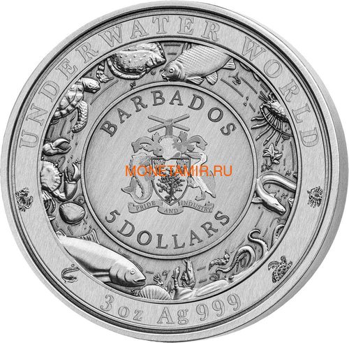 Барбадос 5 долларов 2021 Осьминог Подводный Мир ( Barbados 5$ 2021 Octopus Underwater World 3oz Silver Coin ).Арт.92 (фото, вид 1)
