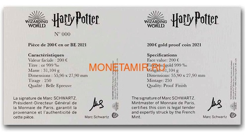  200  2021       ( France 200 euro 2021 Harry Potter Hedwig Owl 1oz Gold Coin )..90 (,  5)