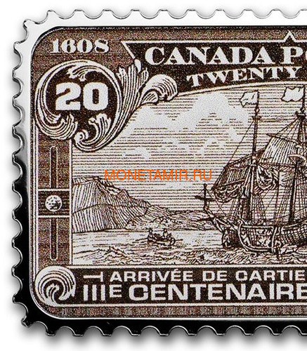 Канада 20 долларов 2019 Прибытие Картье Квебек 1535 серия Исторические Марки Канады (2019 Canada $20 Arrival of Cartier Quebec 1535 Canada's Historical Stamps 1oz Silver Coin).Арт.92 (фото, вид 1)