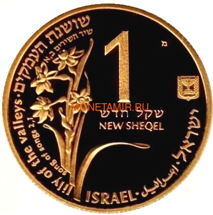 Израиль 1 новый шекель 1992 Косуля и Лилия Святая Земля Дикой Природы (Israel 1 New Shekel 1992 Holy Land Wildlife Roe & Lily Gold Coin).Арт.18877K0,3G/E92 (фото, вид 1)