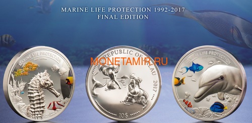  10  2017          (Palau 10$ 2017 Dolphin Sea Horse Marine Life Protection Silver Coin Set Piedfort)..60 (,  6)