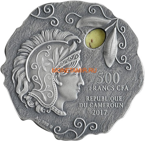 Камерун 500 франков 2017 Афинская Сова Яшма (Cameroon 500 francs 2017 Owl of Athena Silver Coin with Jasper Insert).Арт.60 (фото, вид 1)