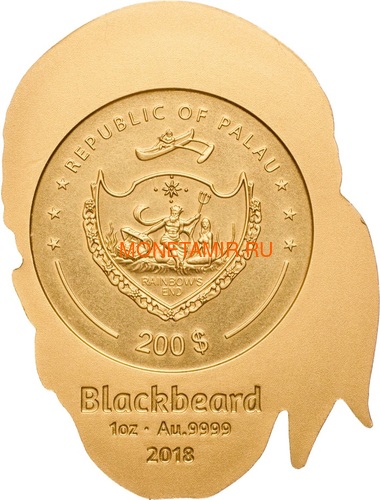 Палау 200 долларов 2018 Череп Пирата Черная Борода (Palau 200$ 2018 Pirate Skull Blackbeard 1oz Gold).Арт.69 (фото, вид 1)
