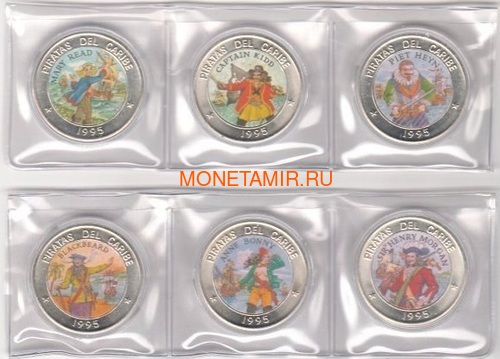 Куба 6х1 песо 1995 Пираты Карибского Моря Набор Монет (Cuba 6х1 pesos 1995 Pirates of the Caribbean Coins Set).Арт.69 (фото, вид 1)