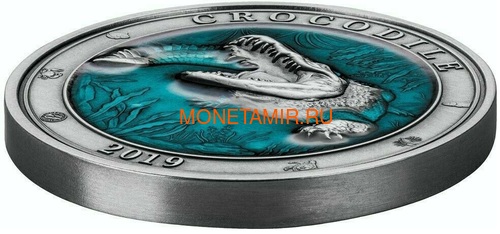 Барбадос 5 долларов 2019 Крокодил Подводный Мир (Barbados 5$ 2019 Crocodile Underwater World 3oz Silver).Арт.67 (фото, вид 1)