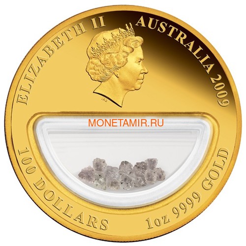 Австралия 100 долларов 2009 Сокровища Австралии Инкапсулированные Алмазы (Australia 100$ 2009 Treasures of Australia Diamonds 1oz Gold Proof Coin).Арт.K3,5G (фото, вид 2)