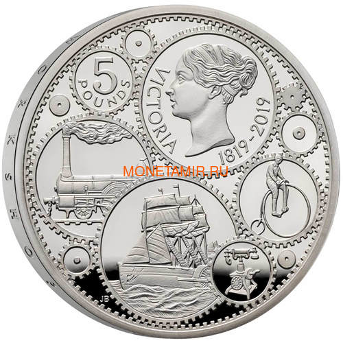 Великобритания 5 фунтов 2019 Королева Виктория 200 лет Корабль Паровоз Велосипед (GB 5&#163; 2019 200th Anniversary of the Birth of Queen Victoria Silver Proof Coin).Арт.67 (фото, вид 1)