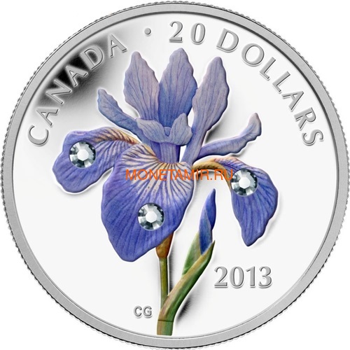 Канада 20 долларов 2013 Цветок Ирис Голубой Флаг Капля Дождя (Canada 20C$ 2013 Flower Blue Flag Iris Raindrop Swarovski Silver Proof).Арт.000338442914/67 (фото)
