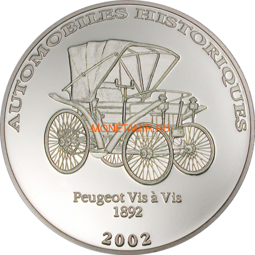  10  2002 1892    (Congo 10 Francs 2002 Peugeot Vis a Vis 1892 Car History Silver Coin).. ()