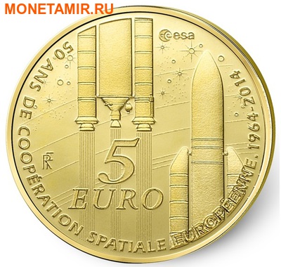 Франция 5 евро 2014.50 лет Европейского Космического Агентства (космос).Арт.000227348522 (фото)