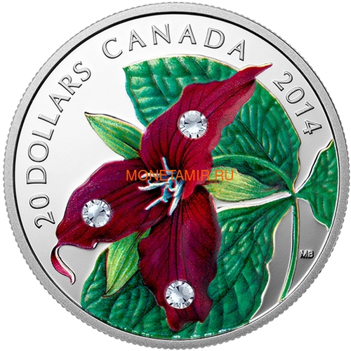 Канада 20 долларов 2014 Цветок Триллиум Прямостоячий Капля Дождя (Canada 20C$ 2014 Flower Trillium Raindrop Swarovski Silver Proof).Арт.000374548352/67 (фото)