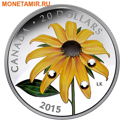 Канада 20 долларов 2015 Цветок Черноглазая Сьюзен Капля Дождя (Canada 20C$ 2015 Black-Eyed Susan Flower Raindrop Swarovski Silver Proof).Арт.000532750830/60 (фото)