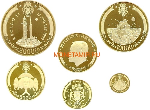 Габон 20000 10000 5000 3000 1000 франков 1969 Аполлон 11 Полет на Луну Космос Набор 5 Монет (Gabon 20000 10000 5000 3000 1000 Francs Apollo 11 Space Gold 5 Coin Set). Арт. КМ6-10/60 (фото)