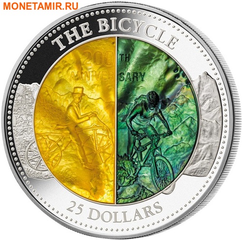 Острова Кука 25 долларов 2017 Велосипед 200 лет Перламутр (Cook Isl 2017 25$ The Bicycle Mother of Pearl 5Oz Silver Coin Proof).Арт.60 (фото)
