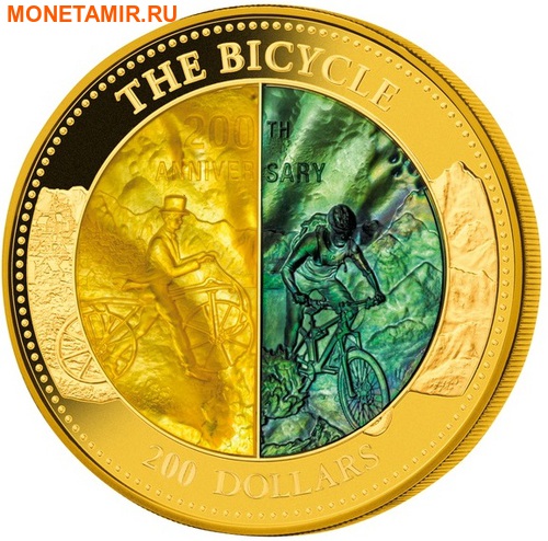 Острова Кука 200 долларов 2017 Велосипед 200 лет Перламутр (Cook Isl 2017 200$ The Bicycle Mother of Pearl 5Oz Gold Coin Proof).Арт.65 (фото)