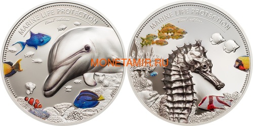 Палау 10 долларов 2017 Дельфин Морской Конек Защита Морской Жизни Набор Две Монеты (Palau 10$ 2017 Dolphin Sea Horse Marine Life Protection Silver Coin Set Piedfort).Арт.60 (фото)