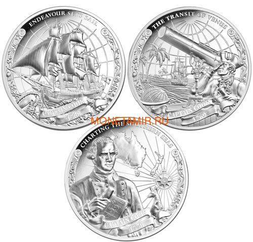   35  2018    3  (Cook Isl. 3x5$ 2018 Captain Cook 3 coin Set Ship Ultra High Relief 1oz Silver Proof)..60 ()