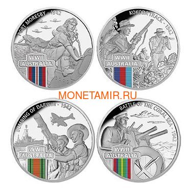Ниуэ 4х1 доллар 2017 Вторая Мировая Война Австралия Набор 4 монеты (2017 $1 WWII Defending a Nation 4 Coin Set).Арт.60 (фото)