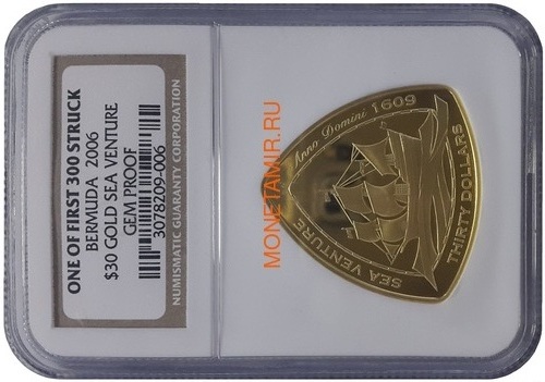 Бермуды 30 долларов 2006 Корабль Мария Целеста – Кораблекрушение Слаб NGC (Bermuda 30$ 2006 Sea Venture Triangular Gold Coin NGC Gem Proof).Арт.K2G/67 (фото)