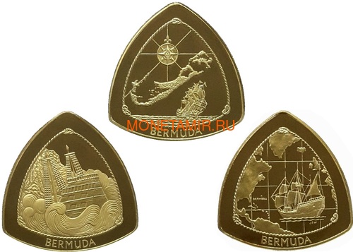 Бермуды 3х30 долларов 1996-1998 Бермудский Треугольник Корабли Компас Карта Набор 3 монеты (Bermuda 3х30$ 1996-1998 Gold Coins Set Bermuda Triangle Ships Compass Map).Арт.63 (фото)