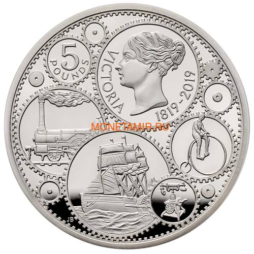 Великобритания 5 фунтов 2019 Королева Виктория 200 лет Корабль Паровоз Велосипед (GB 5&#163; 2019 200th Anniversary of the Birth of Queen Victoria Silver Proof Coin).Арт.67 (фото)