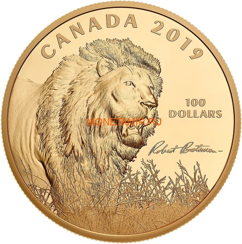 Канада 100 долларов 2019 Лев Художник Роберт Бейтман (Canada 100$ 2019 Robert Bateman Into The Light Lion 10 oz Silver Coin Gold Plating).Арт.65 (фото)
