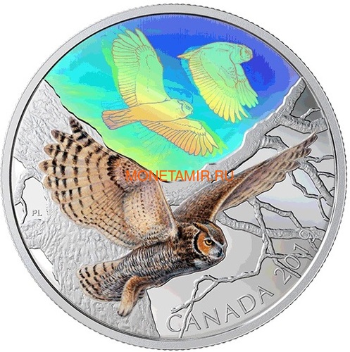 Канада 30 долларов 2019 Большая Рогатая Сова Величественные Птицы в Движении Голограмма (Canada 30$ 2019 Majestic Birds in Motion Great Horned Owls 2 oz Silver Hologram Coin).Арт.65 (фото)