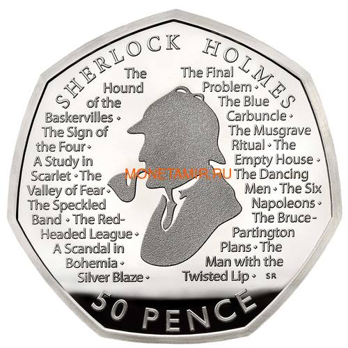  50  2019    (UK 50 pence 2019 Sherlock Holmes Silver Proof Piedfort Coin)..000648557624/65 ()