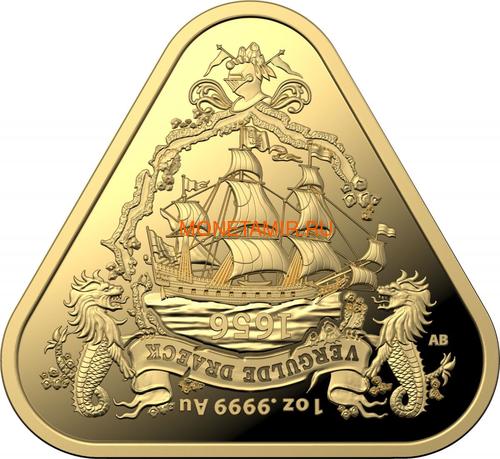 Австралия 100 долларов 2020 Корабль Вергюлде Драк Австралийские Кораблекрушения (Australia 100$ 2020 Vergulde Draeck Australian Shipwrecks 1 oz Gold Triangular Investment Coin).Арт.65 (фото)