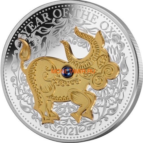 Фиджи 10 долларов 2021 Год Быка Лунный Календарь Жемчужина (Fiji 10$ 2021 Lunar Ox Pearl 1 Oz Silver Coin).Арт.65 (фото)