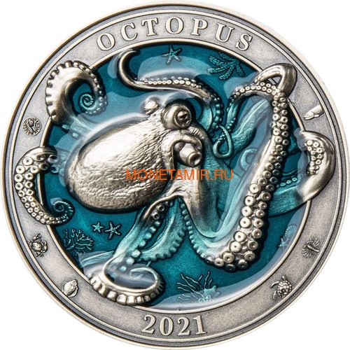 Барбадос 5 долларов 2021 Осьминог Подводный Мир ( Barbados 5$ 2021 Octopus Underwater World 3oz Silver Coin ).Арт.92 (фото)