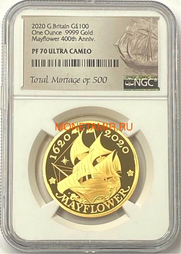 Великобритания 100 фунтов 2020 Мэйфлауэр Корабль Слаб ( GB 100&#163; 2020 Mayflower 1oz Gold Proof Coin NGC PR70 UC ).Арт.92E (фото)