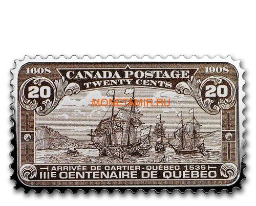 Канада 20 долларов 2019 Прибытие Картье Квебек 1535 серия Исторические Марки Канады (2019 Canada $20 Arrival of Cartier Quebec 1535 Canada's Historical Stamps 1oz Silver Coin).Арт.92 (фото)