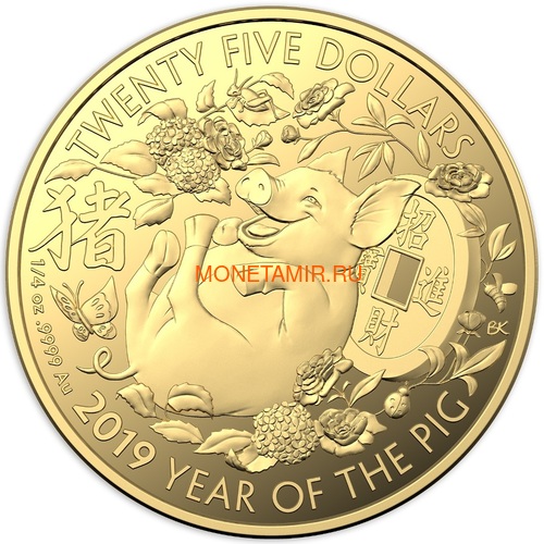 Австралия 25 долларов 2019 Год Свиньи Лунный Календарь (Australia 25$ 2019 Year of the Pig Lunar Gold Coin).Арт. (фото)
