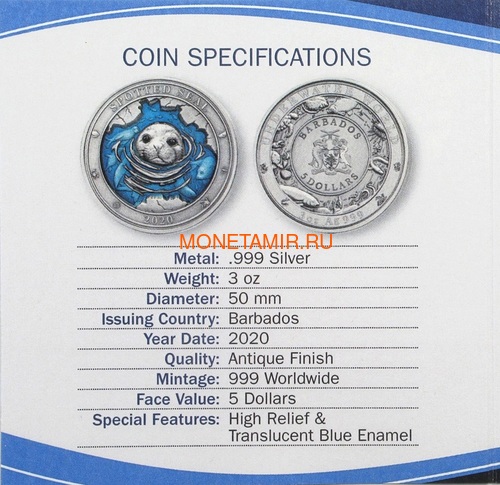  5  2020     (Barbados 5$ 2020 Spotted Seal Underwater World 3oz Silver)..65 (,  7)