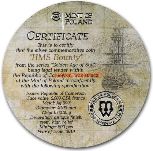  2000  2019         (Cameroon 2000 Francs 2019 HMS Bounty Golden Age of Sail 2 oz Silver Coins)..85 (,  5)