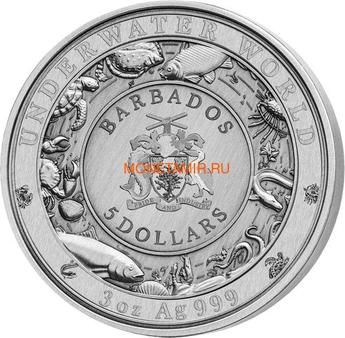  5  2021    ( Barbados 5$ 2021 Octopus Underwater World 3oz Silver Coin )..92 (,  1)