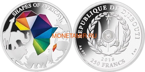  8250  2018            8  (Djibouti 8250 Francs 2018 Shapes of Africa Giraffe Lion Rhino Gazelle Elephant Ostrich Meerkat 8 coin set)..60 (,  8)