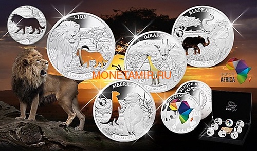 8250  2018            8  (Djibouti 8250 Francs 2018 Shapes of Africa Giraffe Lion Rhino Gazelle Elephant Ostrich Meerkat 8 coin set)..60 (,  9)