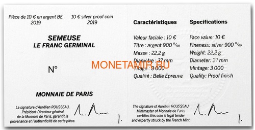 10  2019        (France 10E 2019 The Germinal Franc Silver Proof Coin)..92 (,  4)