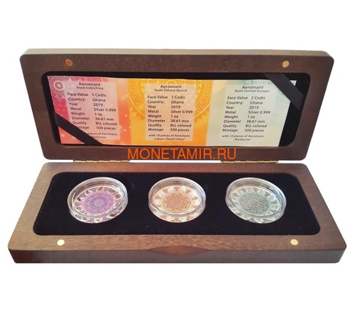  35  2019        3  (Ghana 3x5 Cedis 2019 Aeromant Impactite Collection Silver Coin Set)..65 (,  11)