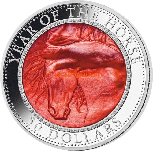   50  2014      (Cook Isl 50$ 2014 Year of the Horse Mother of Pearl 5oz Silver Coin Proof)..K ()