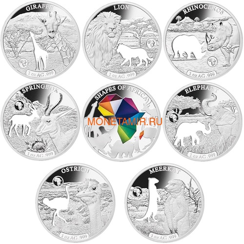  8250  2018            8  (Djibouti 8250 Francs 2018 Shapes of Africa Giraffe Lion Rhino Gazelle Elephant Ostrich Meerkat 8 coin set)..60 ()