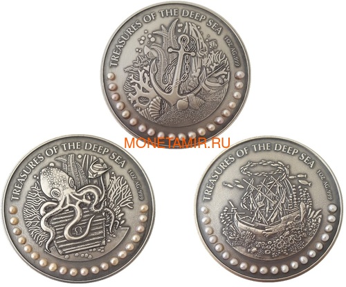  35  2019        3  (Ghana 3x5 Cedis 2019 Treasures of the Deep Sea Ship Anchor Octopus Pearls Silver Coin Set)..002261357240/65 ()